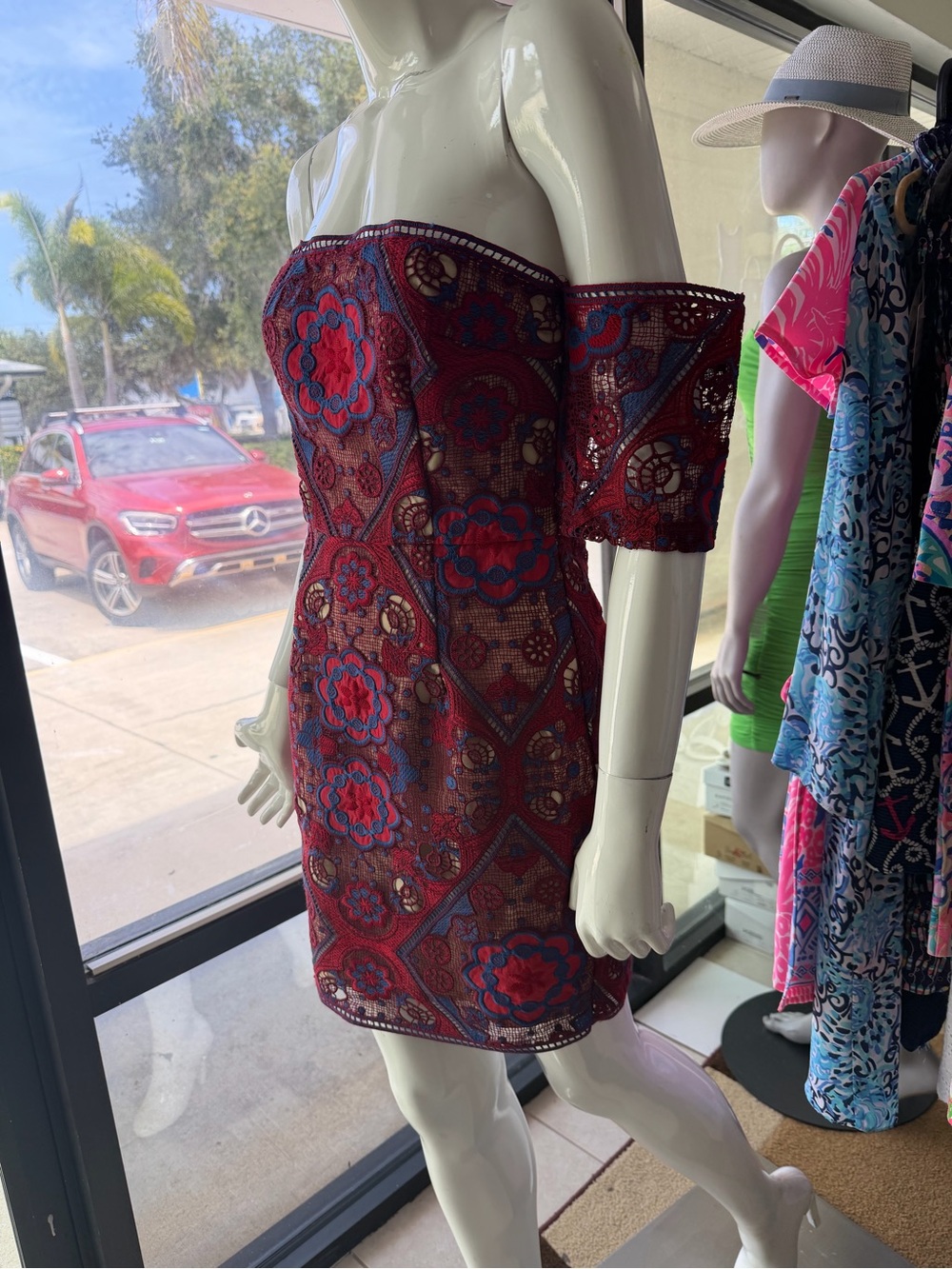 Off-Shoulder Red Floral Lace Mini Dress